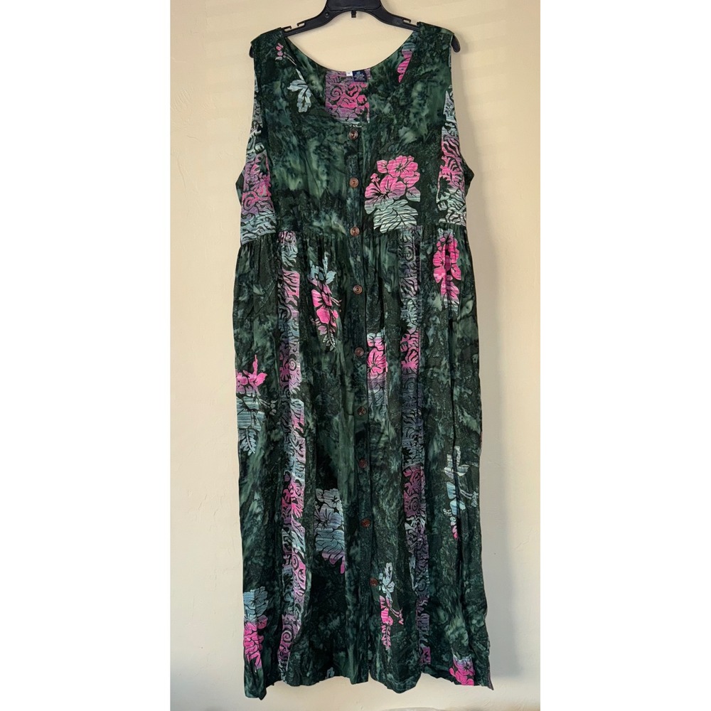 Hibiscus Collection‎ Hawaii XL Maxi Dress Sleeveless Floral Green Rayon